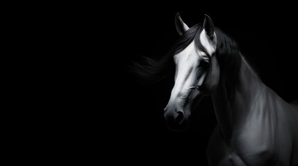  a black and white photo of a horse with its head turned to the side, with its head turned to the side.