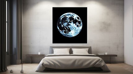  a bed in a room with a picture of the earth on the wall above it and a lamp on the side of the bed.