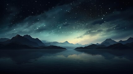  a night scene with mountains and a body of water in the foreground and stars in the sky in the background.
