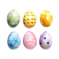 Set of Decorated Easter Egg Watercolor Dots, Cheerful Painted Easter Eggs, Isolated on Transparent Background, PNG