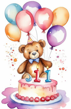 birthday watercolor greeting card with cute teddy bear holding colorful balloons, cake and candles.