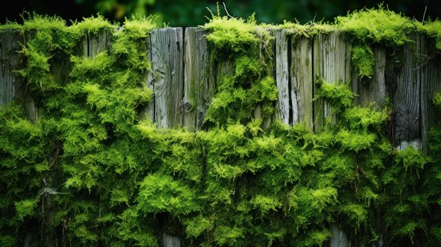  a close up of a wooden fence with a bunch of green moss growing on the top of the fence posts.
