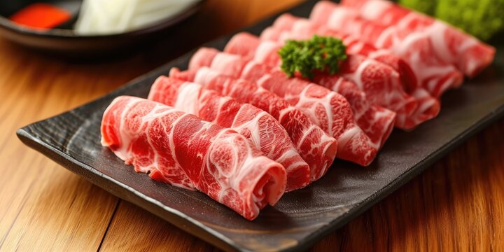 Sliced beef rolls arranged on a wooden table