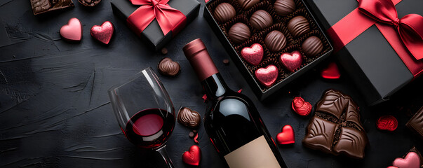 Bottle of red wine with box of chocolate candies on dark grey background. Valentine's, Mother's, Women's  day greeting card. Flat lay, top view 