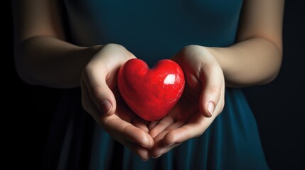  a woman's hands holding a red heart in the shape of a heart, against a dark blue background.