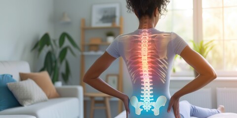 Woman touching her back because of pain - obrazy, fototapety, plakaty