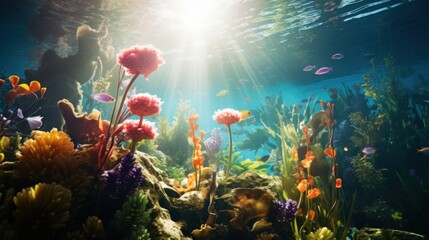 Fototapeta na wymiar the sun shines brightly through the water on a colorful underwater scene with corals, seaweed, and other marine life.