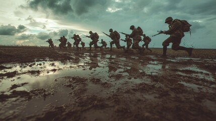 soldiers with helmet running on wet ground - obrazy, fototapety, plakaty