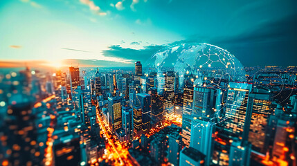 Obraz premium Modern City Skyline at Night, Urban Architecture and Skyscrapers, Aerial View of Downtown, Futuristic Landscape in Hong Kong, Metropolitan Travel Destination