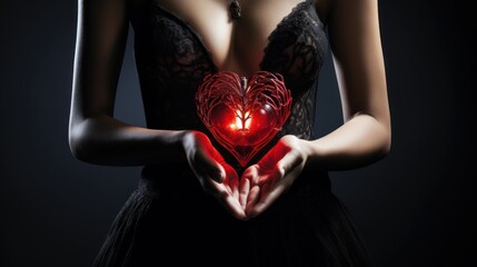  a woman in a black dress holding a heart shaped object in her hands with a red light in the shape of a tree.