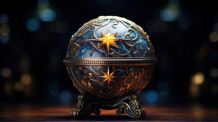  a blue and gold decorated egg sitting on top of a wooden table with a star on the top of it.