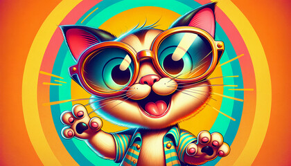 Fun cartoon cat wearing retro sunglasses