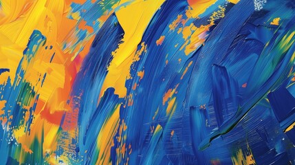 Abstract paint brush stroke background, blue and yellow colors, thick brush texture 