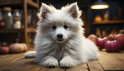 Cute puppy sitting on table, looking at camera, indoors generated by AI
