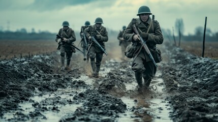 Soldiers with helmets running on wet ground in the middle of the world war. world conflicts concept