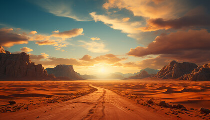Fototapeta premium Majestic mountain peak, tranquil sunset, eroded sandstone, panoramic beauty generated by AI