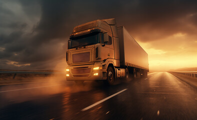 White truck moving on the road in a natural landscape at sunset. Generative AI