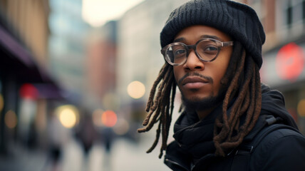 Stylish black man. A suave urbanite exudes confidence on a city corner, adorned with chic glasses and a sharp hat
