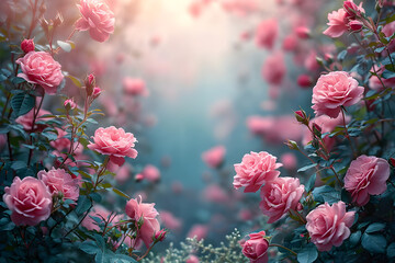 Beautiful rose bush on blurred background. Cursed, magic flower. Romantic luxury background. Elegant love and passion concept for Women's, Valentines and Mother's Day - obrazy, fototapety, plakaty