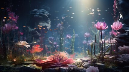Obraz na płótnie Canvas an underwater scene with a lot of flowers and plants in the foreground and a light shining in the background.