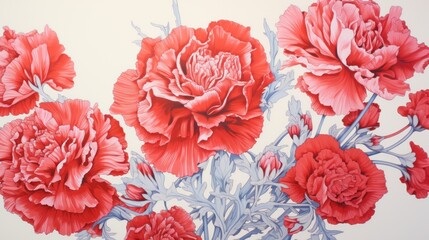  a painting of a bunch of red flowers on a white background with red and blue flowers in the middle of the picture.