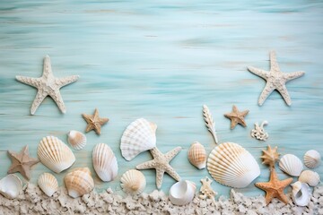 Fototapeta na wymiar Coastal-Themed Wall Texture Background with Weathered Seashells and Soothing Blue Tones