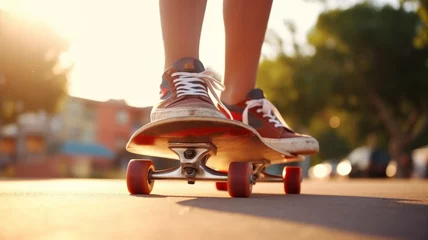 Tuinposter Young skateboarders legs.  A skater, adorned in red sneakers, rides a skateboard with precision and grace amidst the soft glow of the setting sun, embodying freedom and youth © David