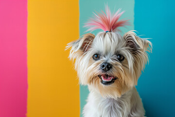 dog with crazy colorful hairstyle on a bright colorful background.pop art style. creative concept...