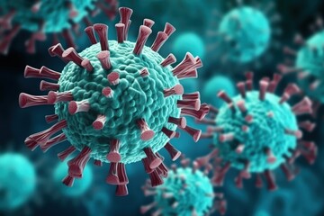 3D illustration of Swine Influenza or SARS-CoV-2 virus. Swine Influenza is a type of virus that is transmitted to humans via contaminated food or water - obrazy, fototapety, plakaty