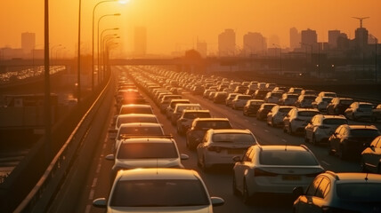 Car Emissions. Car roof tops in large traffic jam illuminated by setting Sun