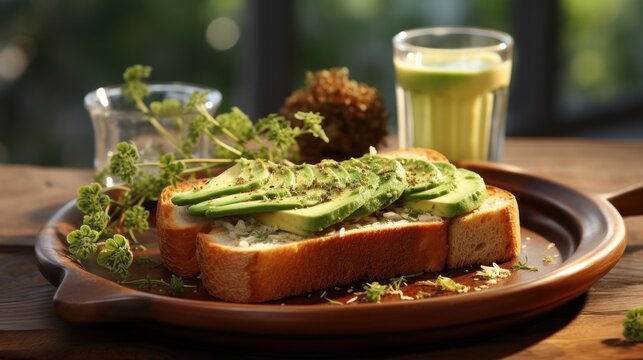  a close up of a sandwich on a plate with a glass of juice and a spoon on a wooden table.