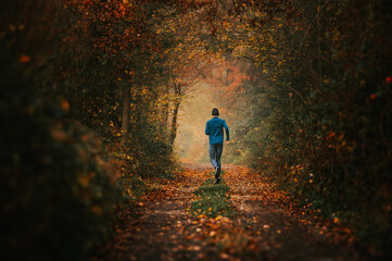 Young Trail Runner Captured in Autumn Colorful Forest