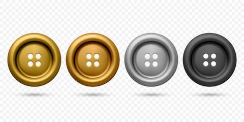 Vector 3d Realistic Plastic or Metal Button for Clothes Icon Set Closeup Isolated. Fashion, Art, Needlework, Sewing, Scrapbooking Decor. Round Clothes Button Design Template, Front View