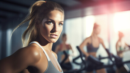 close view of women on tredmil blurred gym in foreground
