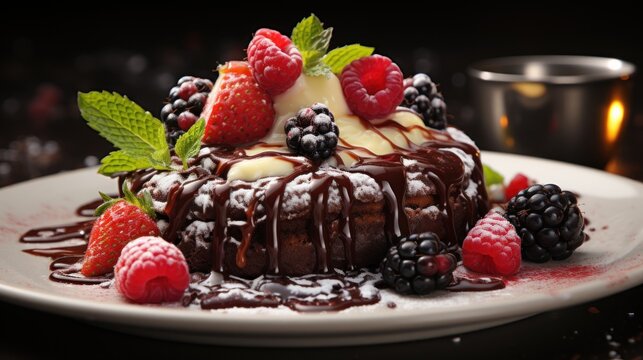  a white plate topped with a chocolate bundt cake covered in raspberries and a drizzle of chocolate.