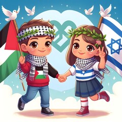 Drawing of Palestinian and Israeli kids holding hands and the peace symbol behind them