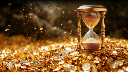 un sablier sur un tas de pièces d'or pour illustrer l'expression : le temps c'est de l'argent - obrazy, fototapety, plakaty
