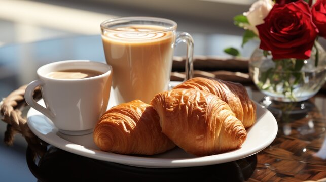  a white plate topped with two croissants next to a cup of coffee and a vase of flowers.