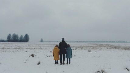 Family Isolation. In the quiet solitude of winter, a family finds warmth in each other’s company amidst a blanket of snow, painting an image of love and togetherness.