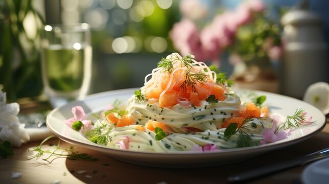 a close up of a plate of food on a table with a glass of water and flowers in the background.