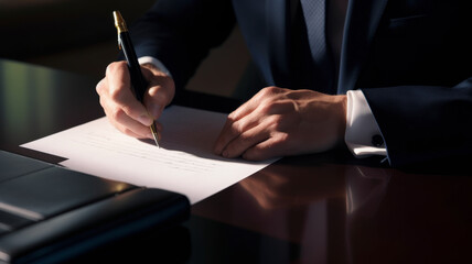 Contract signing. In the soft glow of ambient light, a professional signs a pivotal document, their poised hand articulating the gravity of the moment