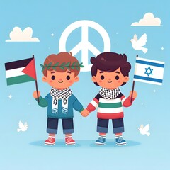 Drawing of Palestinian and Israeli kids holding hands and the peace symbol behind them