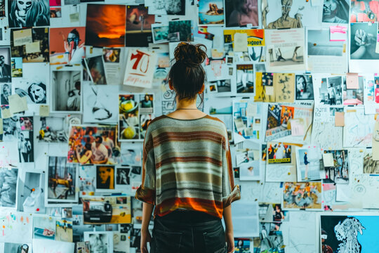 person standing in front of a wall covered in sticky notes, organizing ideas - Powered by Adobe