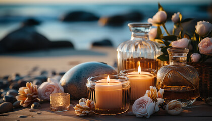 Relaxation in nature, candlelight, massaging, beauty treatment generated by AI
