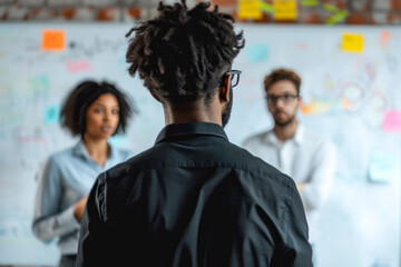 Obraz premium person standing in front of a whiteboard, brainstorming with a group of colleagues