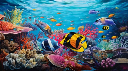 Animals of the underwater sea world. Ecosystem. Colorful tropical fish. Neural network AI generated art