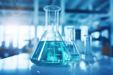 water in beaker and flask glass in chemistry blue science laboratory background
