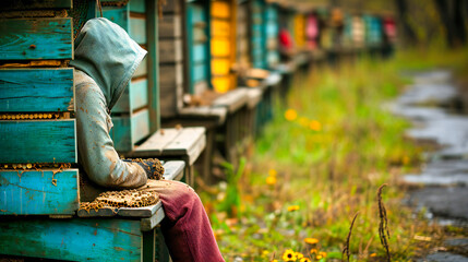 Woman in Countryside with Bees, Beekeeping in Autumn Field, Female in Red Dress and Yellow Sweater, Rural Lifestyle and Agriculture, Nature and Beauty, Organic Farming