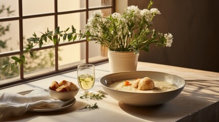 Fototapeta na wymiar a bowl of soup and a glass of wine sit on a table in front of a window with a vase of flowers.