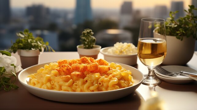  a plate of macaroni and cheese with a glass of wine on a table with a view of the city.